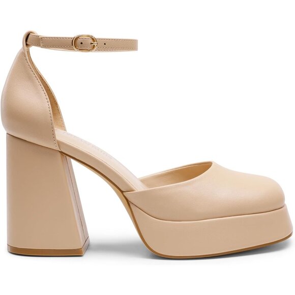 Dream Pairs Nude-pu Polyurethane (PU) Closed Toe Block Pumps Ankle Strap Shoes - Picture 2 of 9